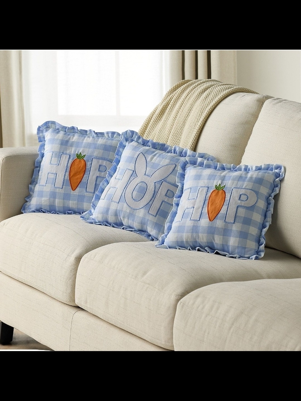Celebrate Together Blue Checkered Gingham 3 Pillow Set Easter "HOP" Embroidered
